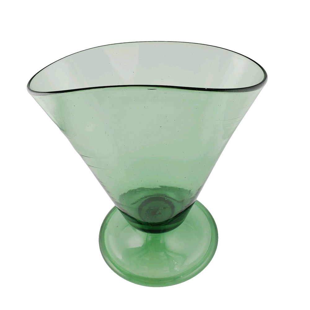 Vintage Fan Shaped Vase 7" Green Pressed Glass Handblown Art Deco MCM Designer